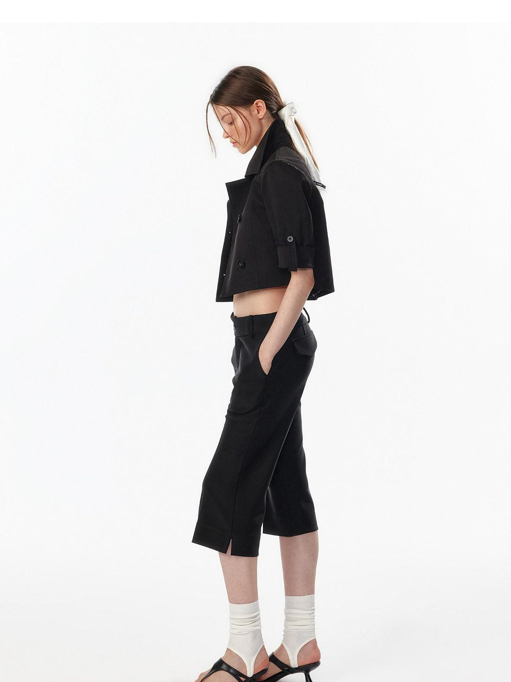 Casual High Waist Double Breasted Cropped Black Cotton Blend Women Trench Coats