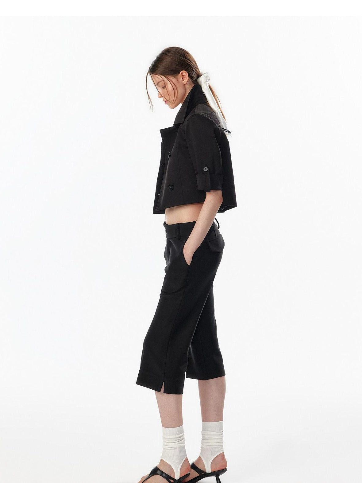 ALINNVSTUDIO Casual High Waist Double Breasted Cropped Black Cotton Blend Women Trench Coats