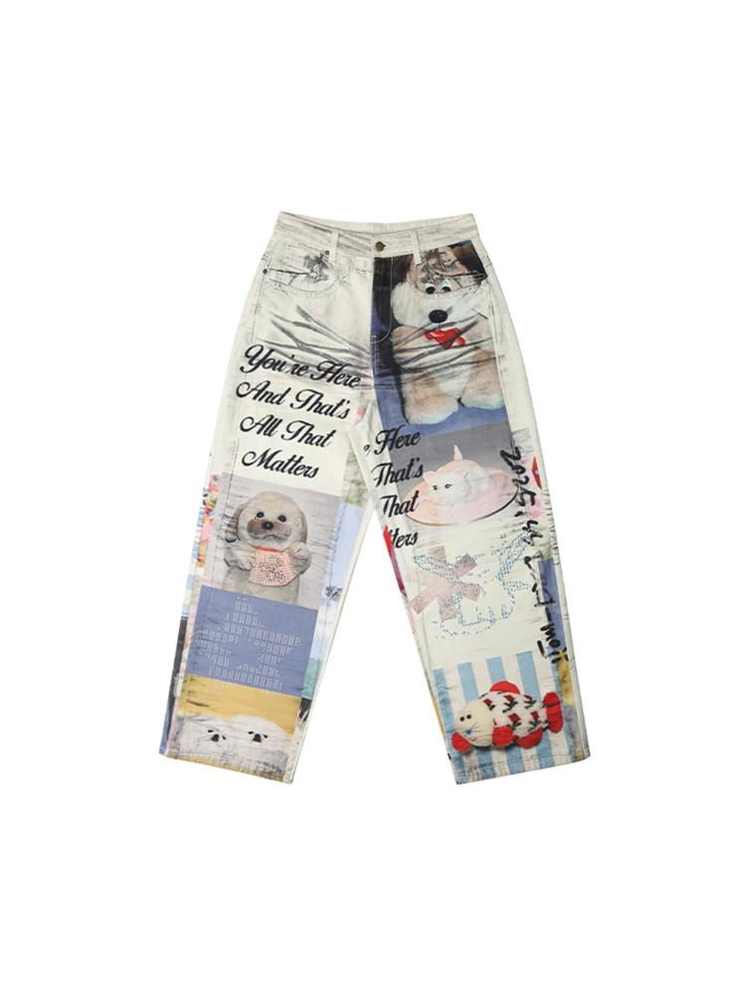 DeleteEx Cotton Washed Print Loose Natural Waist Zipper Wide Leg Jeans
