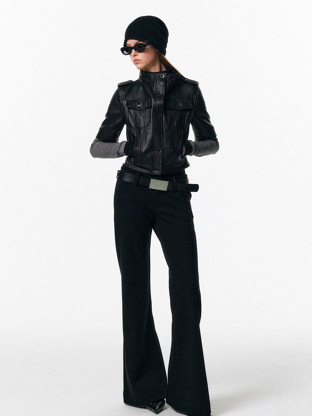 ALINNVSTUDIO Sleek Pu Slim Fit Cropped Short Sleeve Stand Collar Women Leather Jackets
