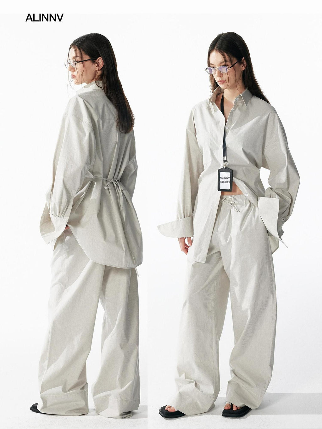 ALINNVSTUDIO Durable Vintage Loose Square Neck Long Sleeve Striped Top & Pants Sets