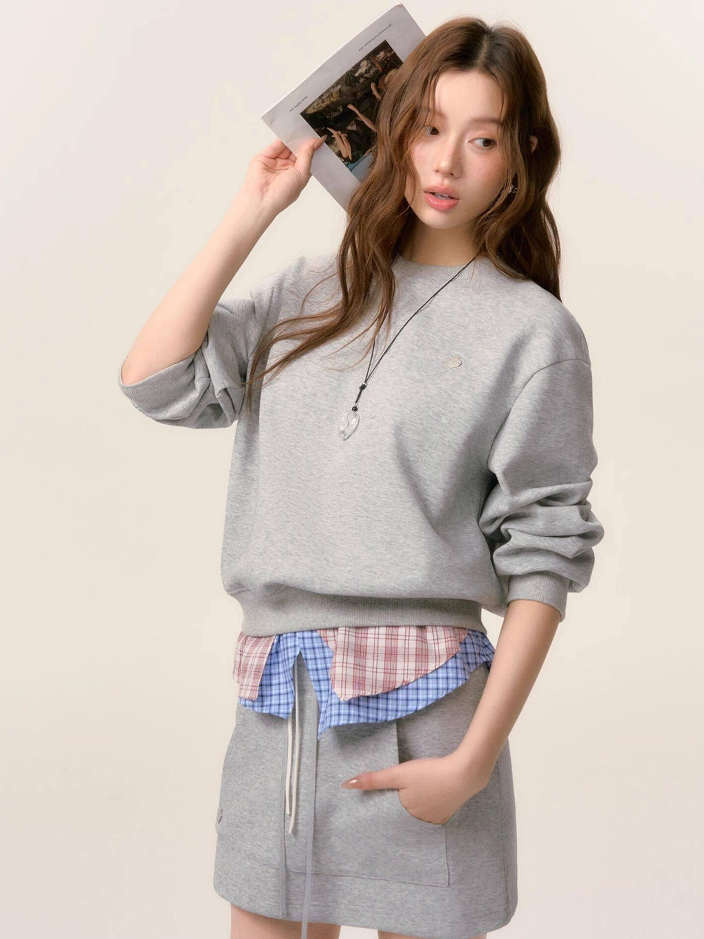 SOMESOWE Cotton Crew Long Sleeve Casual Mini Skirt Women Gray Navy Top & Skirt Sets