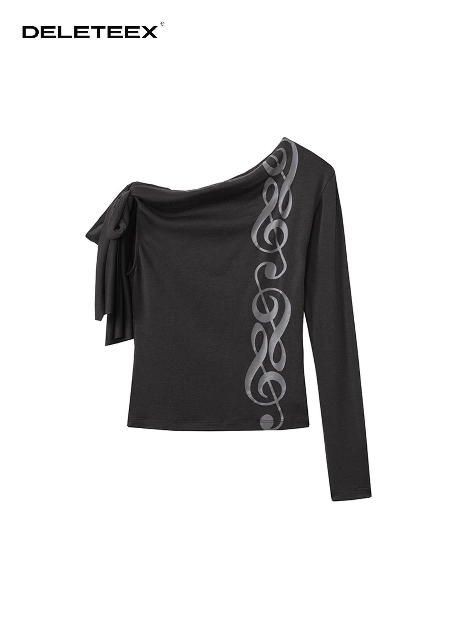 DeleteEx Waist Cinch Tie Casual Asymmetric Women Brown Black Rhapsody Long Sleeve T-Shirts