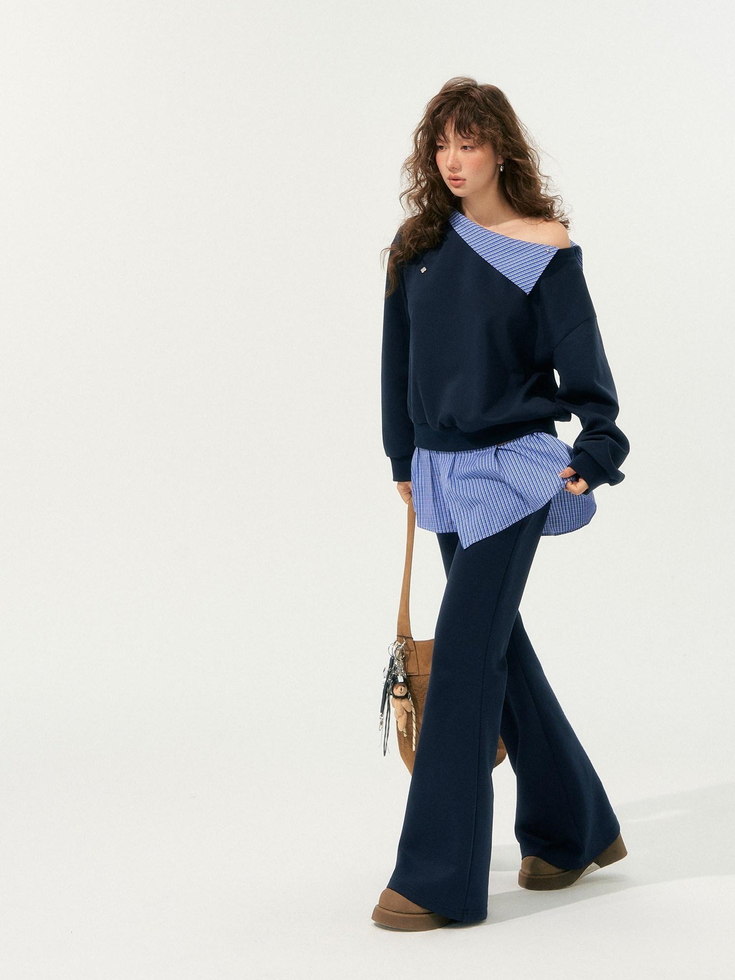 SOMESOWE Patchwork Cropped Oversized Collared Sweatshirt Heather Grey Top & Pants Sets