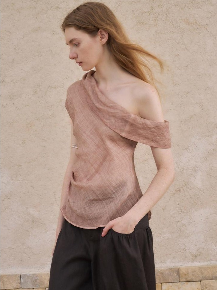 someonesometimes Antibacterial Uv Pure Ramie Pleated Slim One Shoulder Women Brick Pink Tank Tops