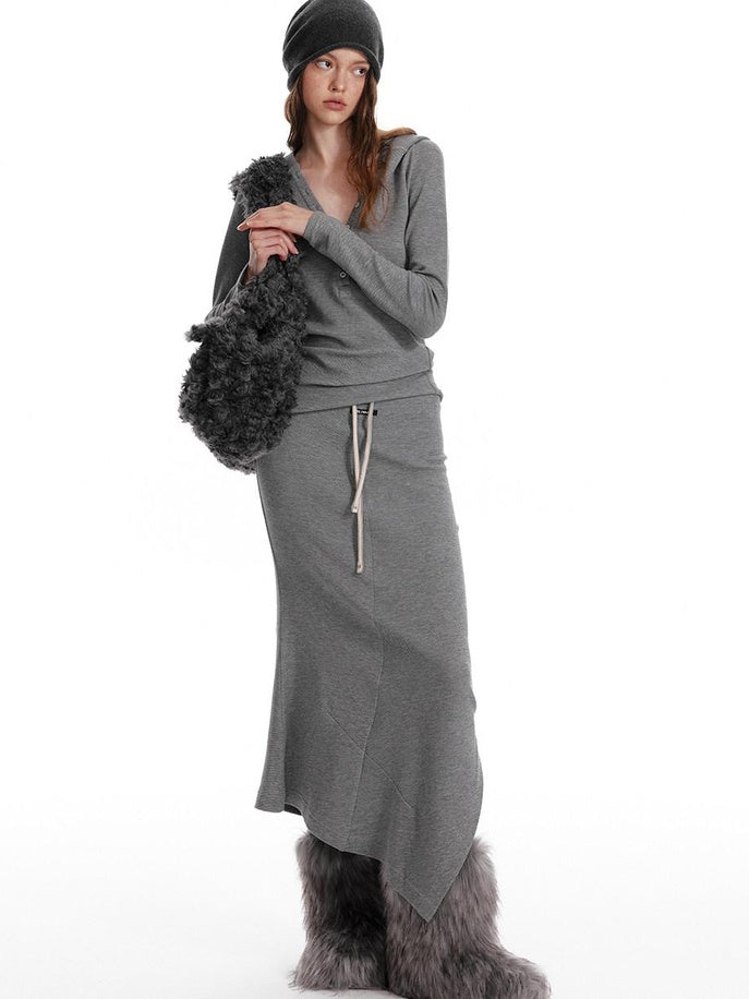 ALINNVSTUDIO Cozy Hooded Long Sleeve Button Front Curved Hem Youth Gray Top & Skirt Sets