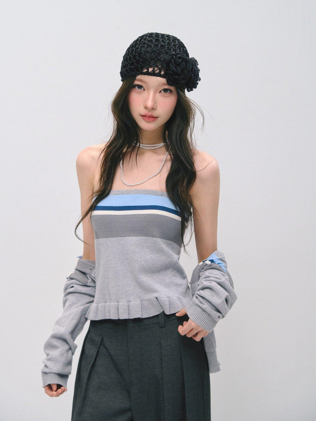 SOMESOWE Ruffle Collared Cardigan Long Sleeve Loose Fit Women Blue Top & Skirt Sets