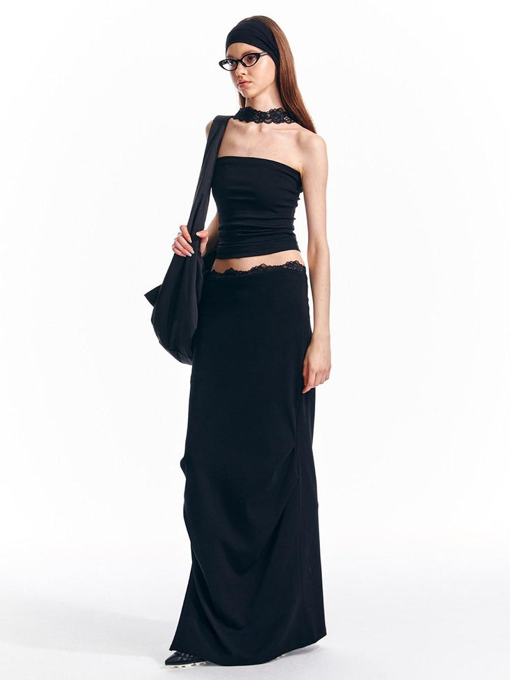 ALINNVSTUDIO Lace Knit Mid Waist Bodycon Slim Fit Youthful Black Grey Maxi Skirts