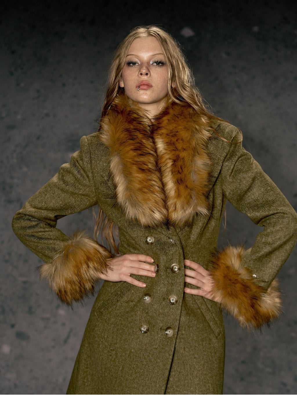 DeleteEx Wool Blend Vintage Commuter Double Breasted Midlength Yellow Green Wool Coats