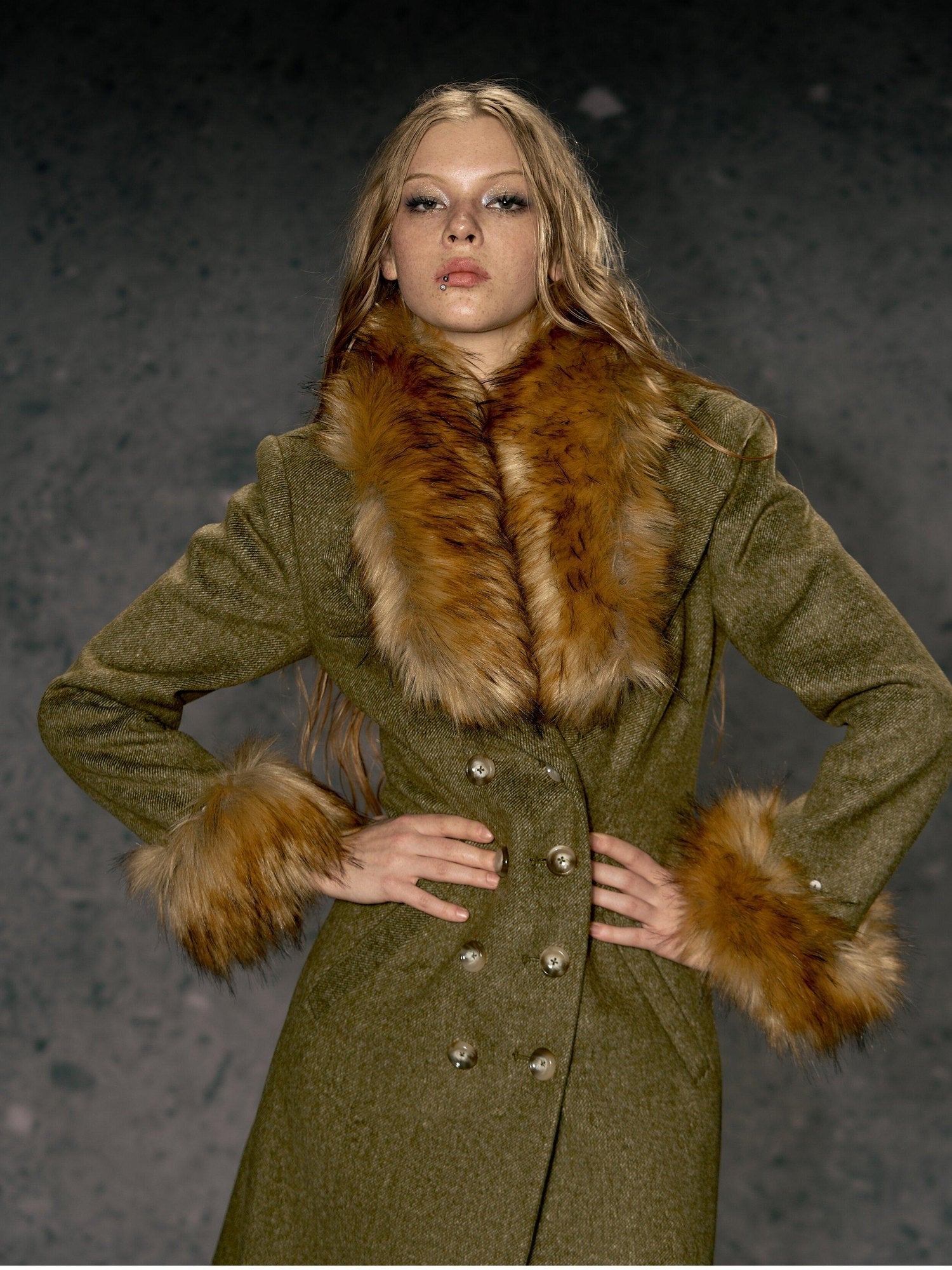 DeleteEx Wool Blend Vintage Commuter Double Breasted Midlength Yellow Green Wool Coats