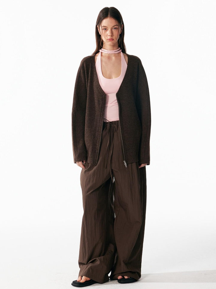 ALINNVSTUDIO Non Deforming Vintage Zip Regular Fit Long Sleeve Women Knit Black Cardigans