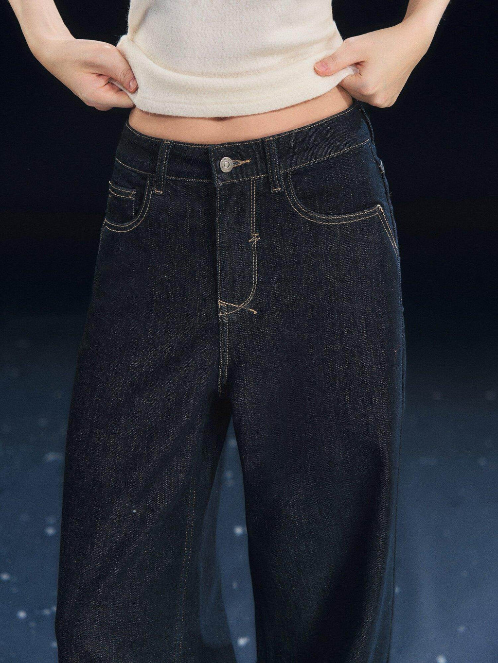 SOMESOWE High Rise Stretch Pleated Pocket Women Dark Cotton Denim Straight Leg Jeans