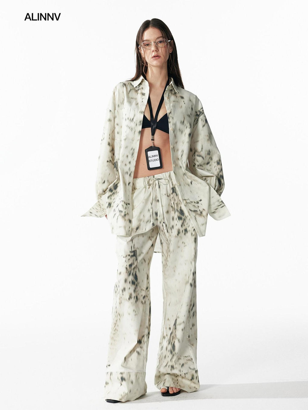 ALINNVSTUDIO Leopard Print Tie Waist Loose Fit Casual Lapel Women Top & Pants Sets