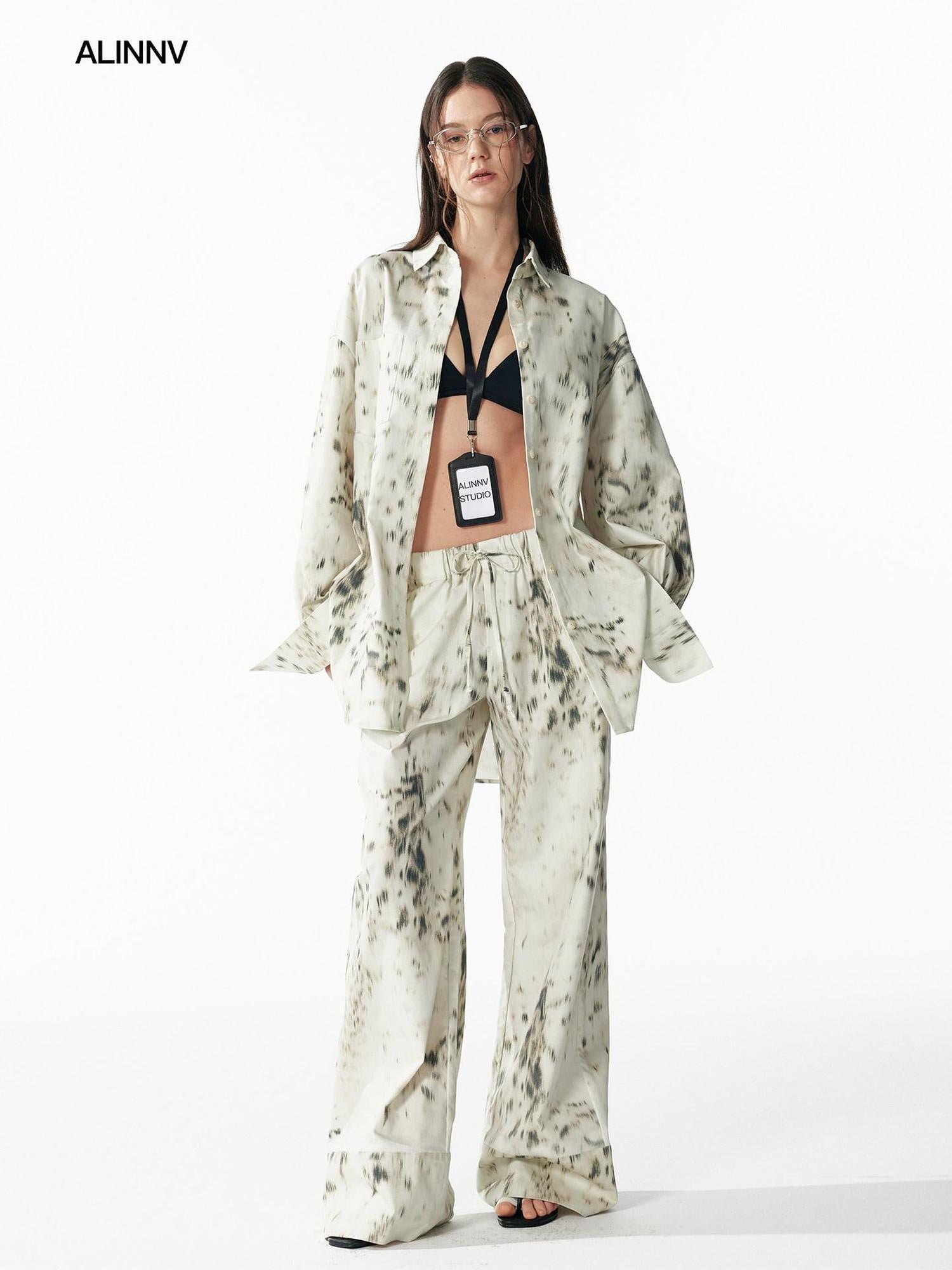 ALINNVSTUDIO Leopard Print Tie Waist Loose Fit Casual Lapel Women Top & Pants Sets