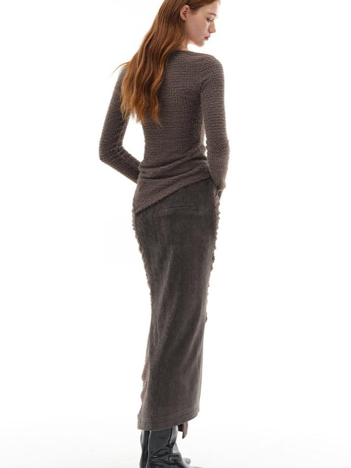 someonesometimes Slim Knit Minimal Casual Crewneck Long Sleeve Women Gray Top & Skirt Sets