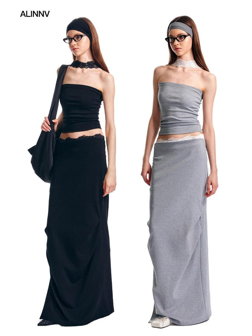 ALINNVSTUDIO Lace Knit Mid Waist Bodycon Slim Fit Youthful Black Grey Maxi Skirts