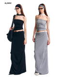ALINNVSTUDIO Lace Knit Mid Waist Bodycon Slim Fit Youthful Black Grey Maxi Skirts