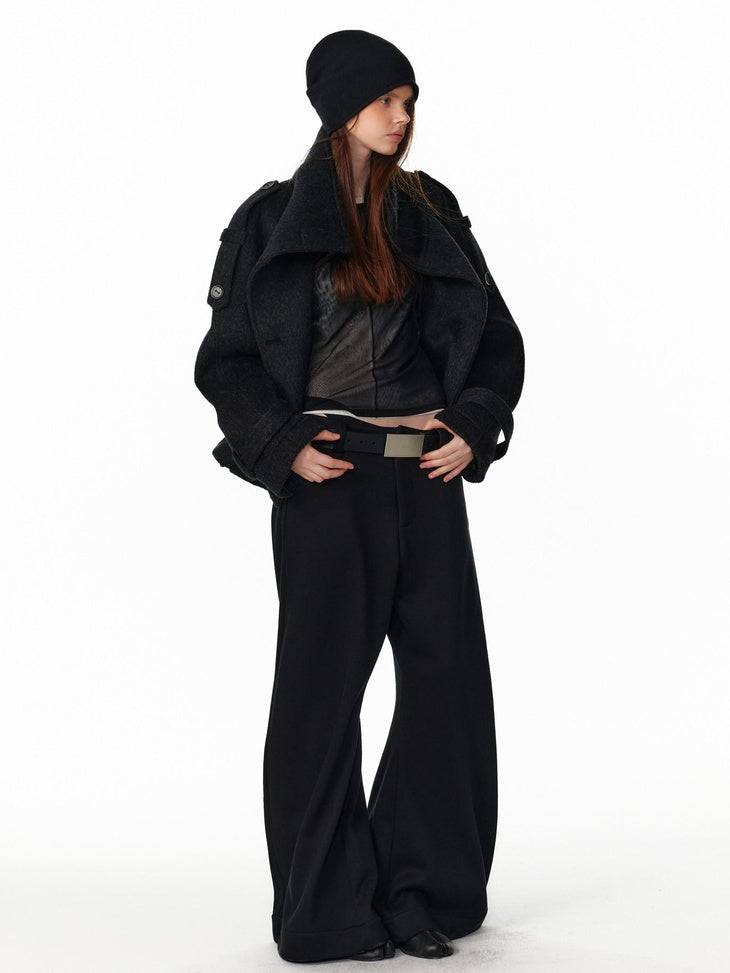 ALINNVSTUDIO Double Breasted Short Loose Lapel Commuter Women Thick Black Gray Wool Coats