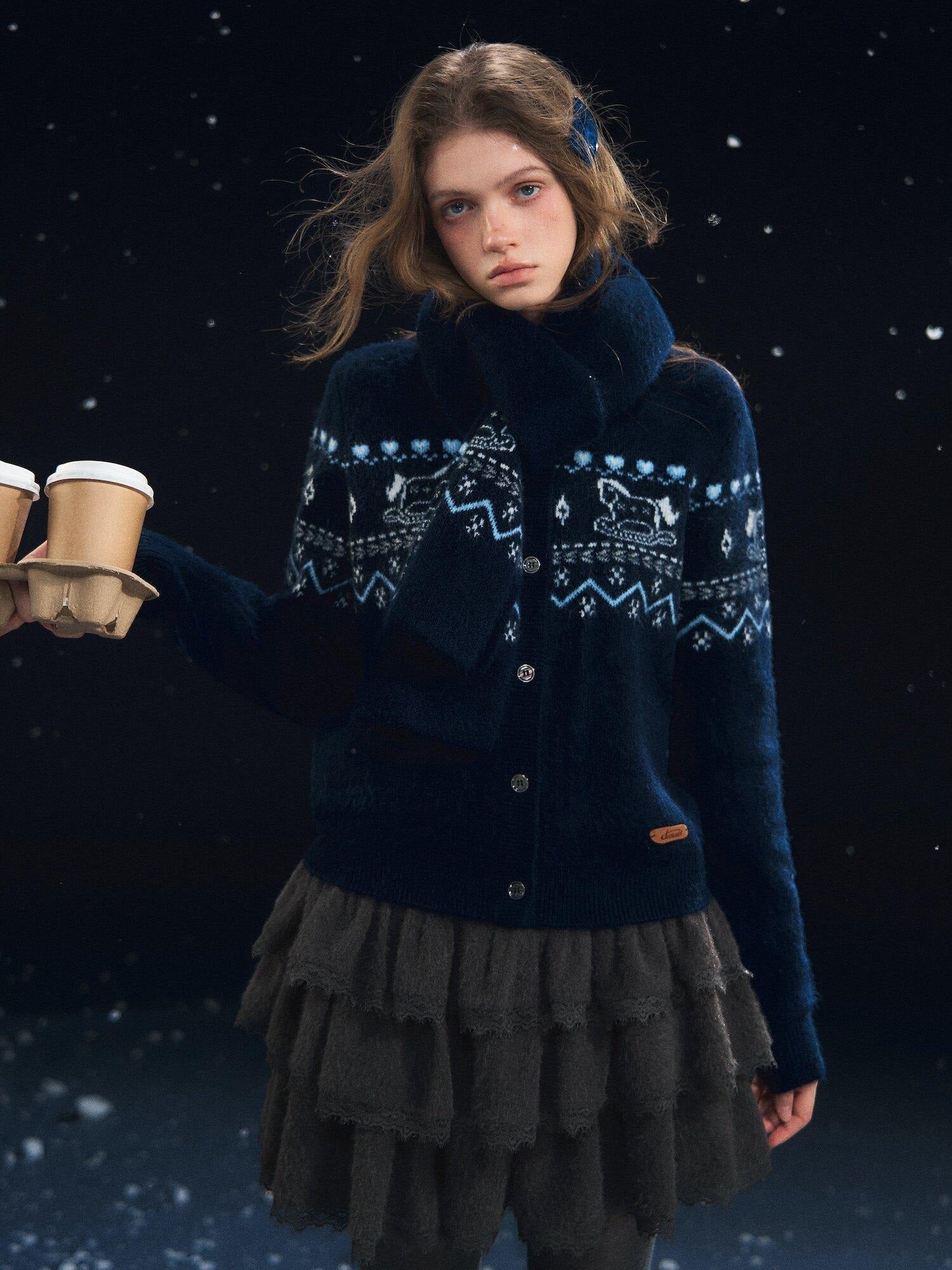 SOMESOWE Cozy Animal Contrast Knit Regular Fit Women Button Neck Cardigans