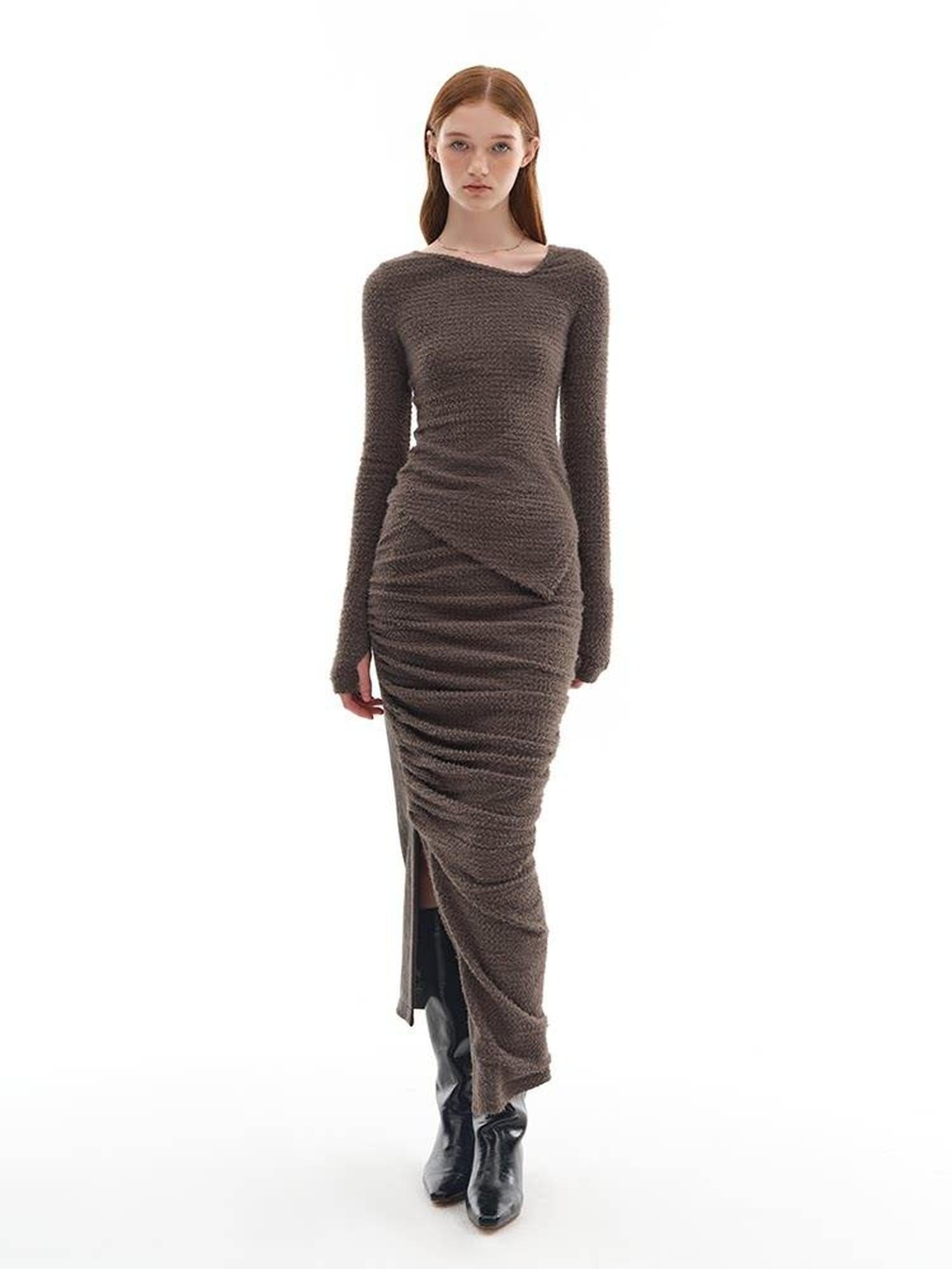 someonesometimes Slim Knit Minimal Casual Crewneck Long Sleeve Women Gray Top & Skirt Sets