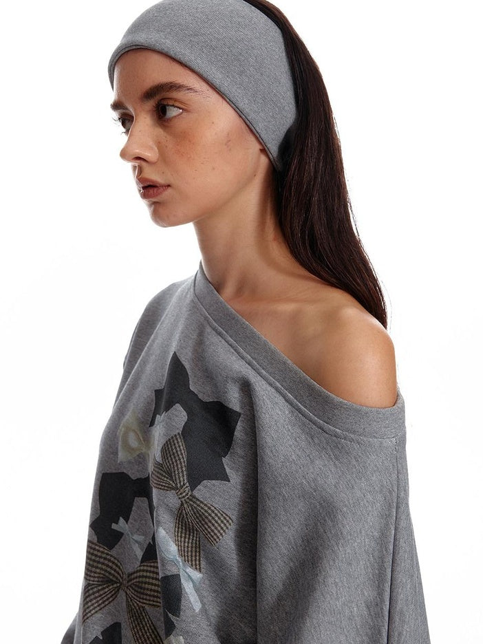 ALINNVSTUDIO Bow Accent Loose Fit Office Round Neck Women White And Gray Sweatshirt