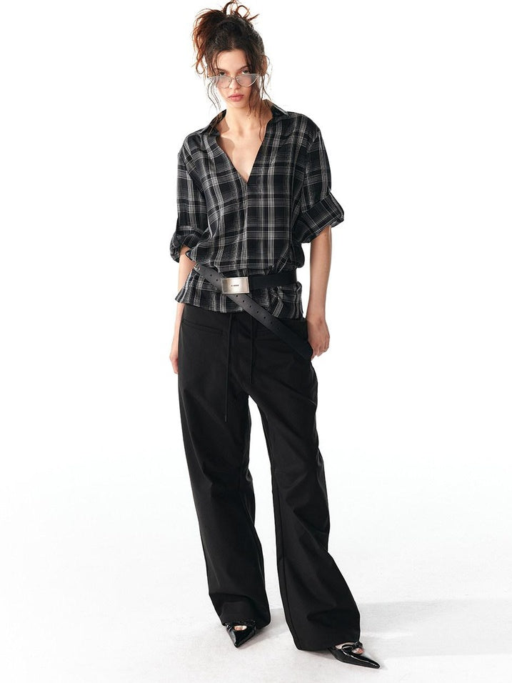 ALINNVSTUDIO Soft Lyocell Cupro Blend Oversized V-neck Button Front Plaid Casual Shirts