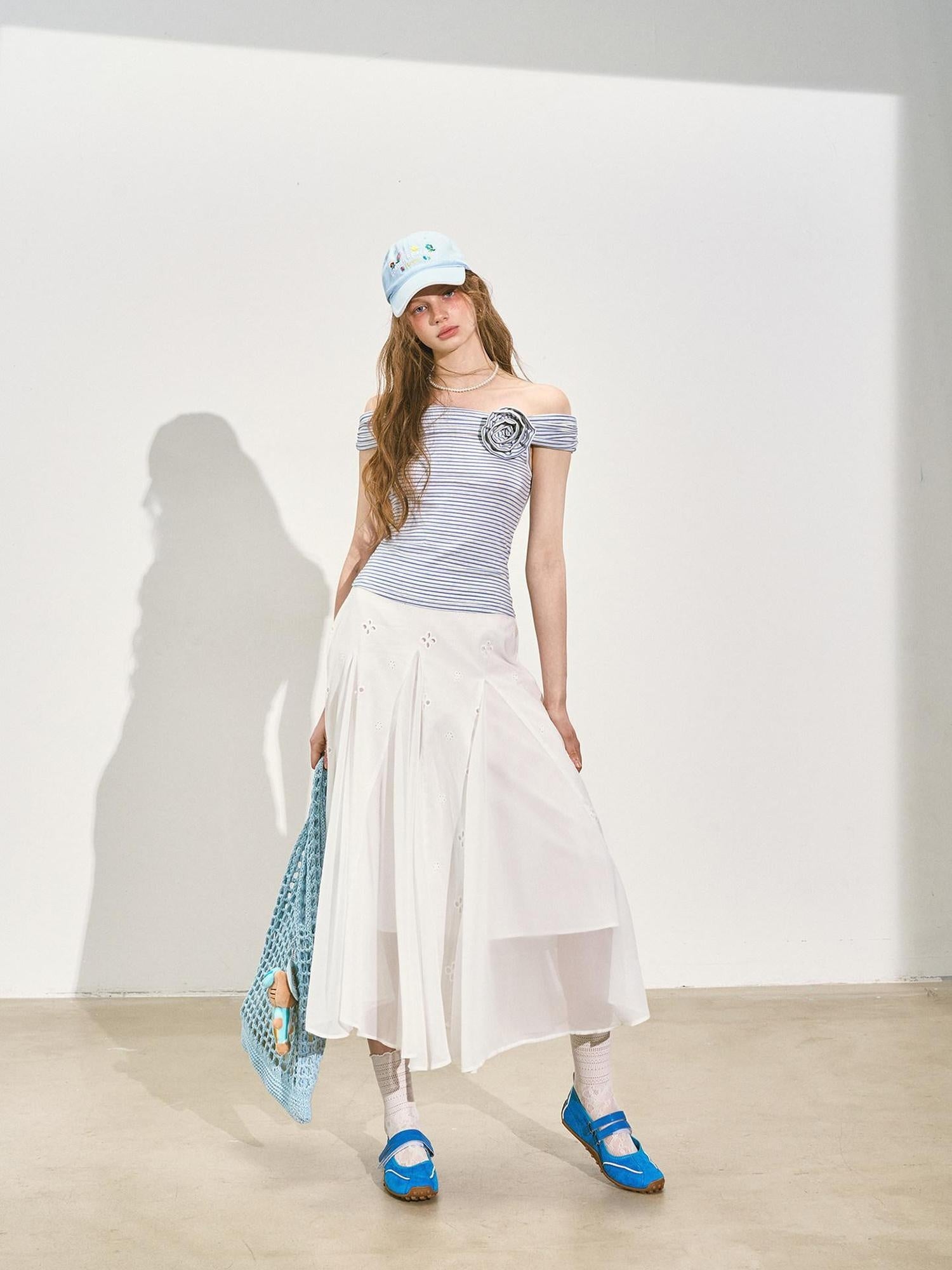 SOMESOWE Stretch Cotton Slim Cropped Bardot Blue White Striped Short Sleeve T-Shirts
