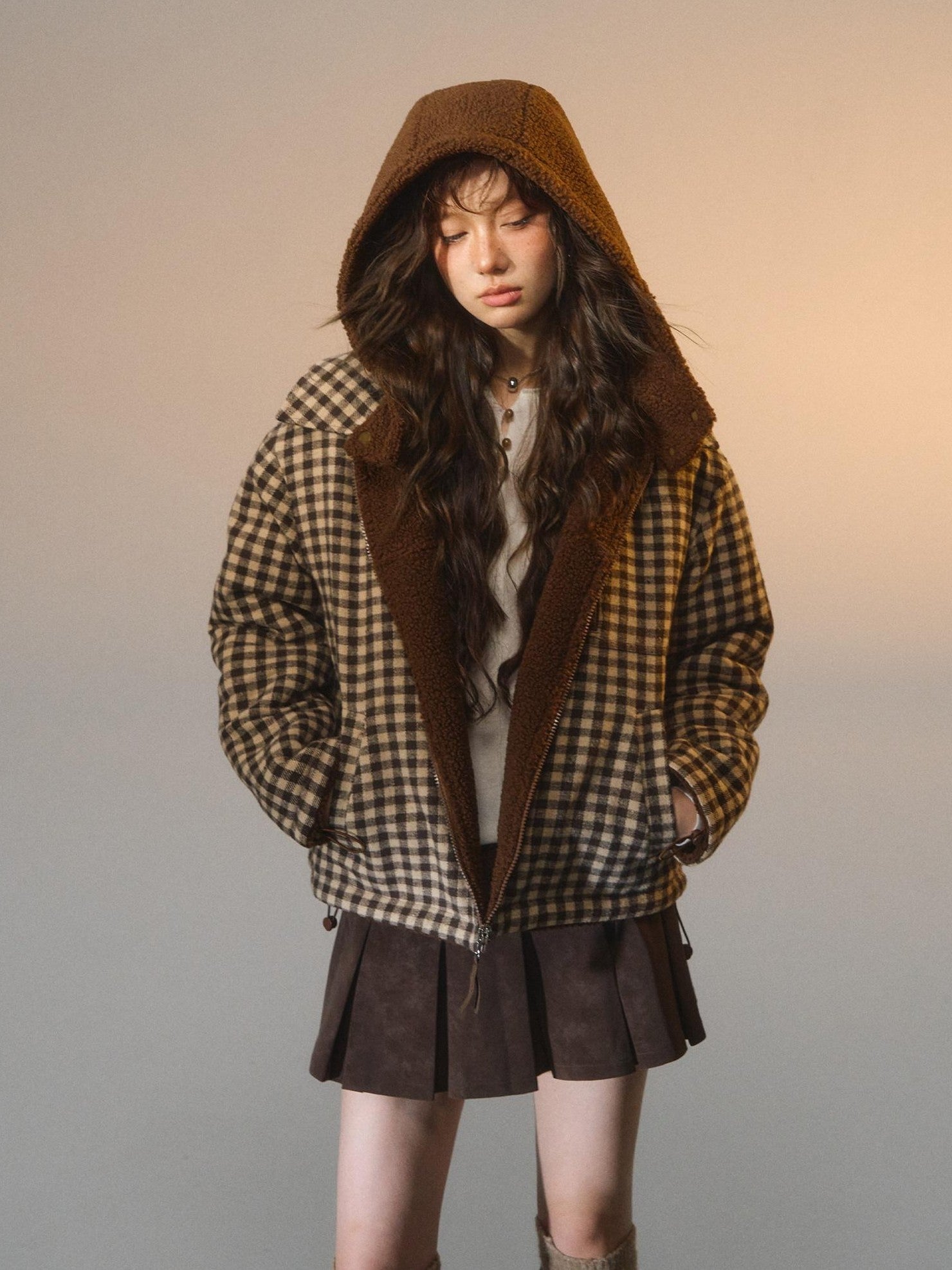 SOMESOWE Reversible Plaid Loose Fit Short Button Women Brown Polyester Jackets