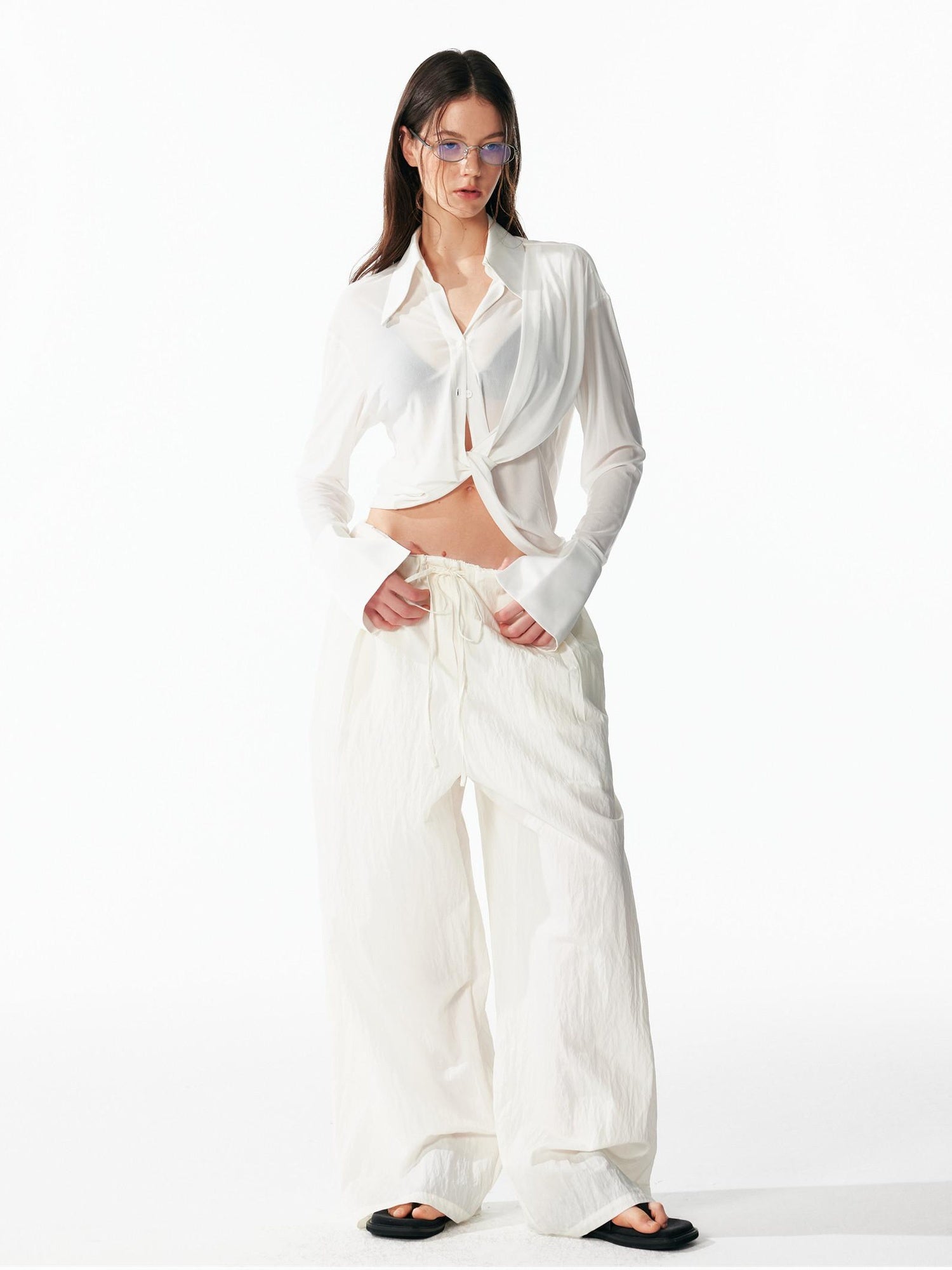 ALINNVSTUDIO Cooling Lightweight Breathable Asymmetric V-neck Slim Fit Open Front Women Blouses