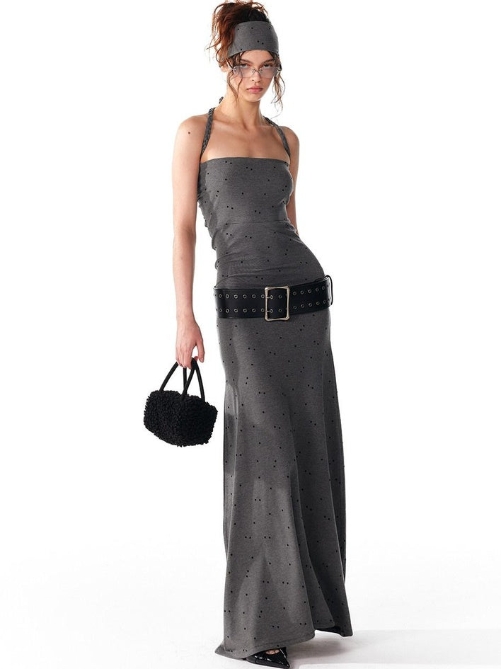 ALINNVSTUDIO Elegant Halter Neck Cinched Waist Modal Sleeveless Solid Black Grey Maxi Dresses