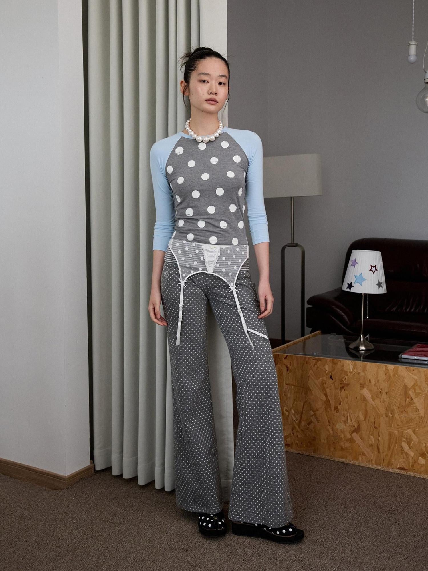 1JINN STUDIO Soft Stretch Viscose Slim Fit Cross Polka Patchwork Women Long Sleeve T-Shirts