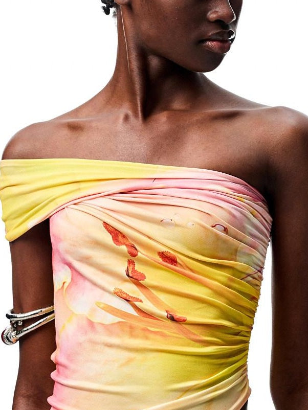 1JINN STUDIO Floral Print One Shoulder Slim Fit Street Women Polyester Stretch Tank Tops