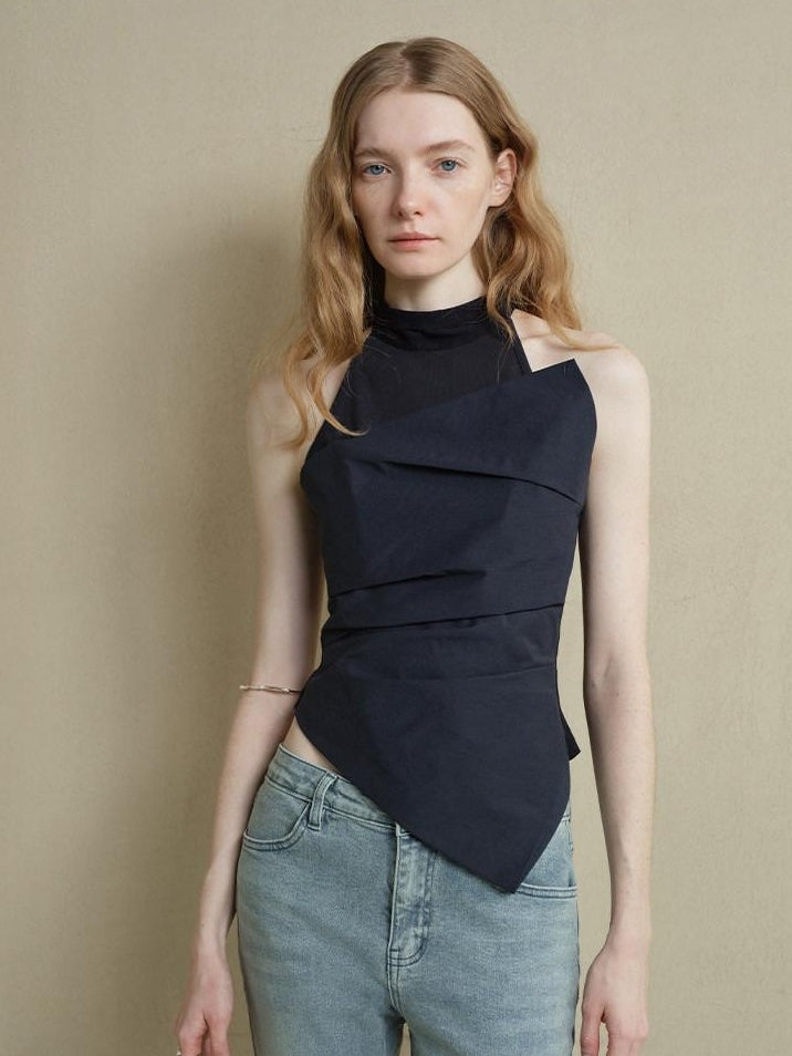 someonesometimes Slim Cutout Ruched Tie Front Korean Casual Navy Poly Tank Tops