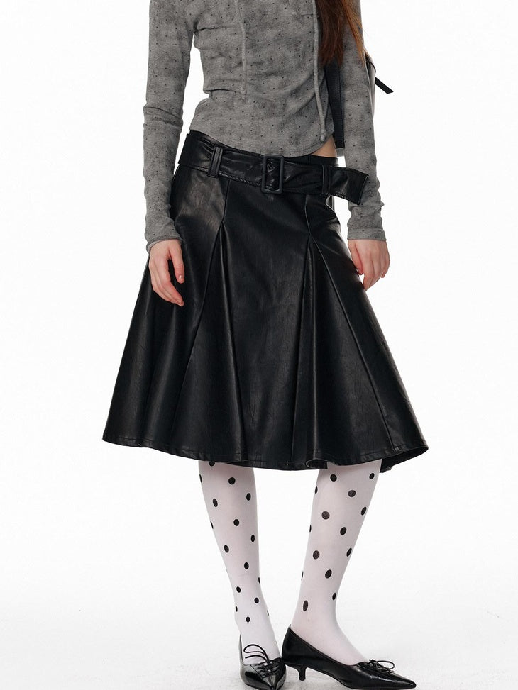 ALINNVSTUDIO Versatile Pu Belted Low Waist Flared Loose Fit Women Citywalk Black Midi Skirts