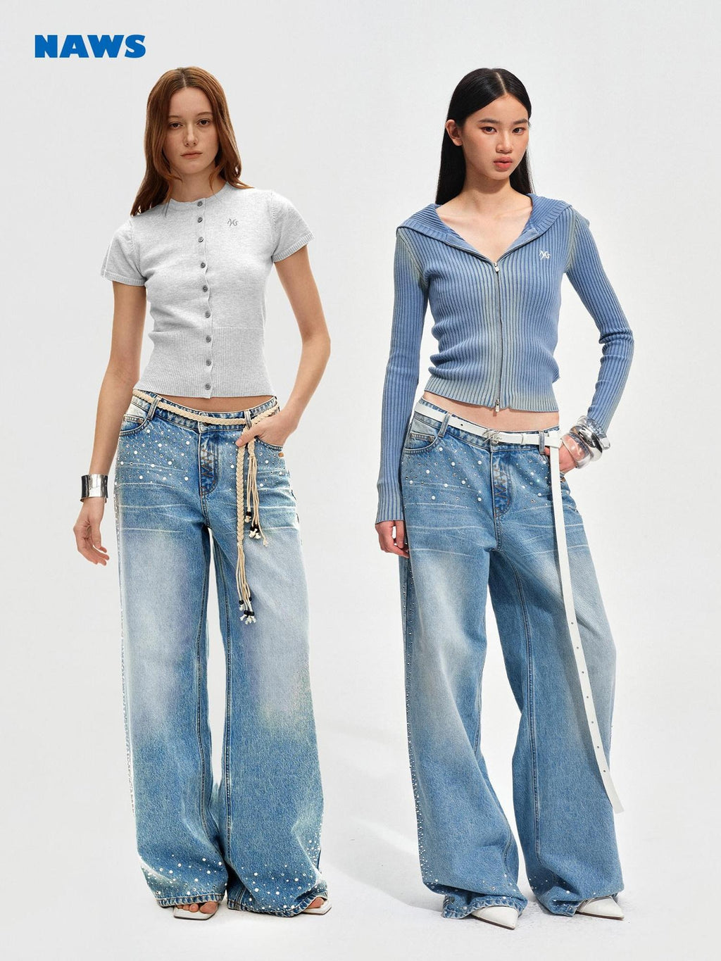 NAWSNOTAWEAR Rhinestone Embellished Vintage Low Waist Glacier Blue Wide Leg Jeans