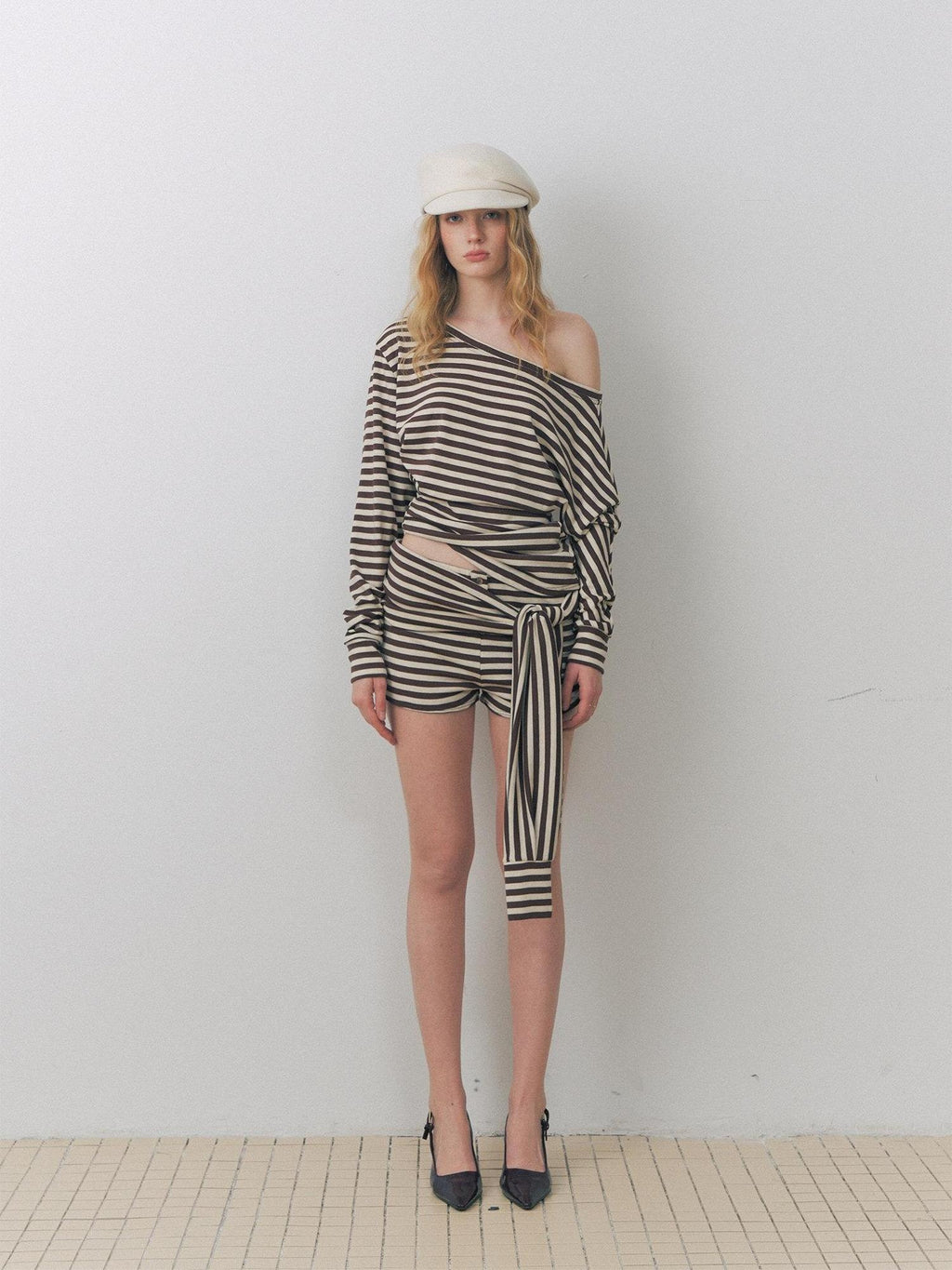 DeleteEx Ruched Asymmetric Off Shoulder Loose Casual Striped Womens Long Sleeve Crop Tops