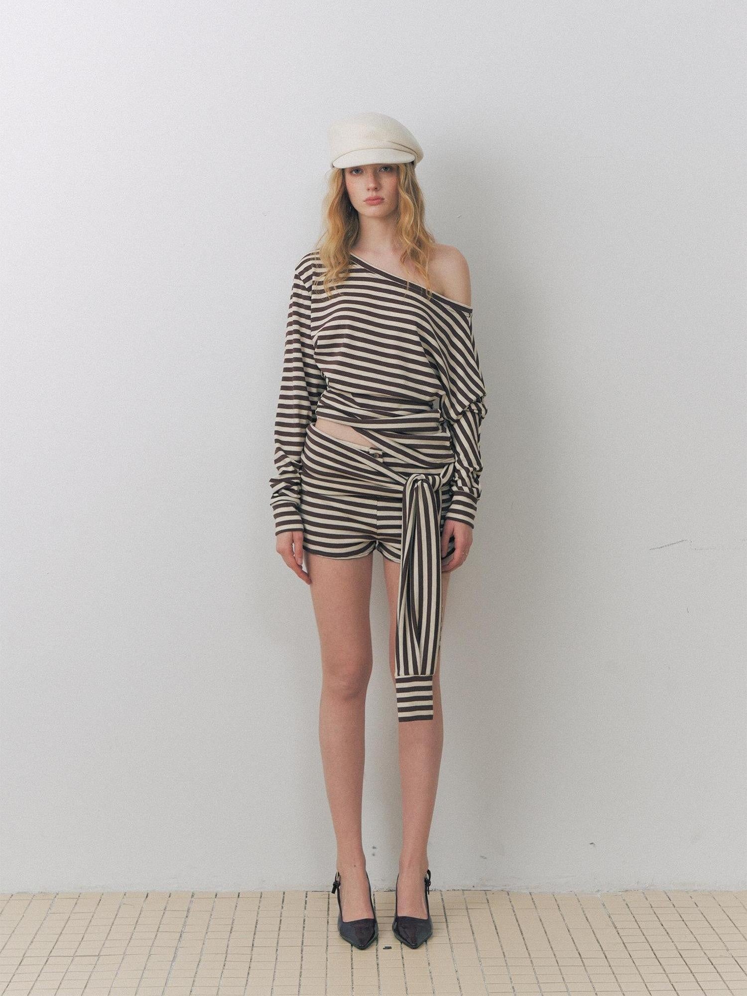 DeleteEx Ruched Asymmetric Off Shoulder Loose Casual Striped Womens Long Sleeve Crop Tops
