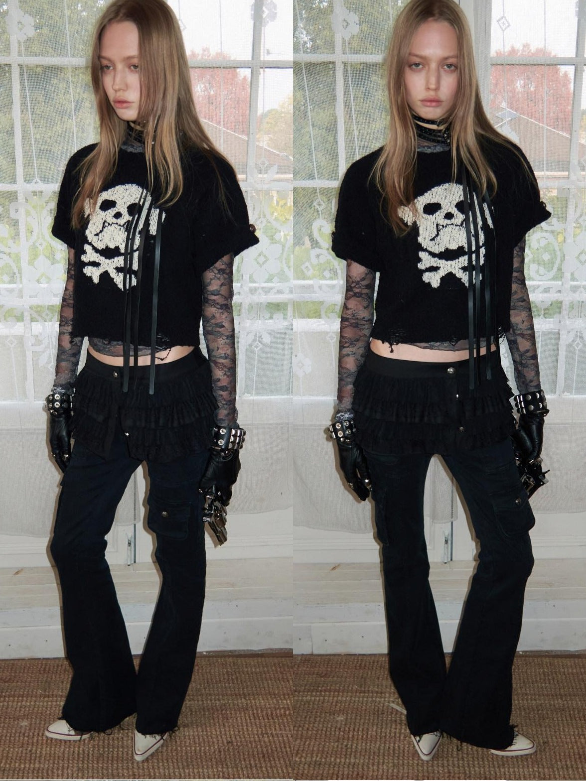 1JINN STUDIO Skull Graphic Punk Fitted Crew Neck Women Cotton Short Sleeve Basic Crop Tops