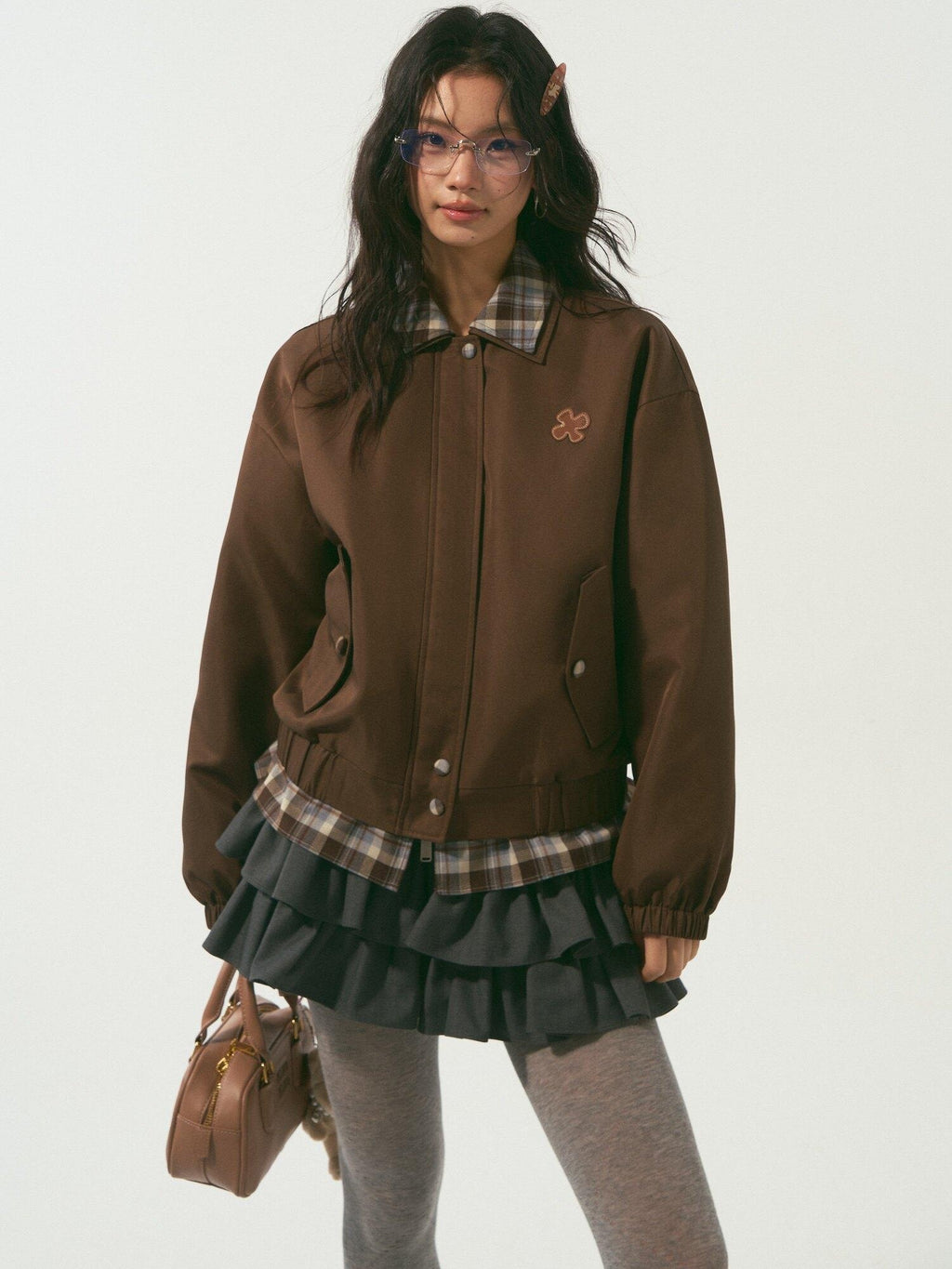SOMESOWE Lightweight Polyester Loose Fit Casual Lapel Zipper Women Brown Bomber Jackets