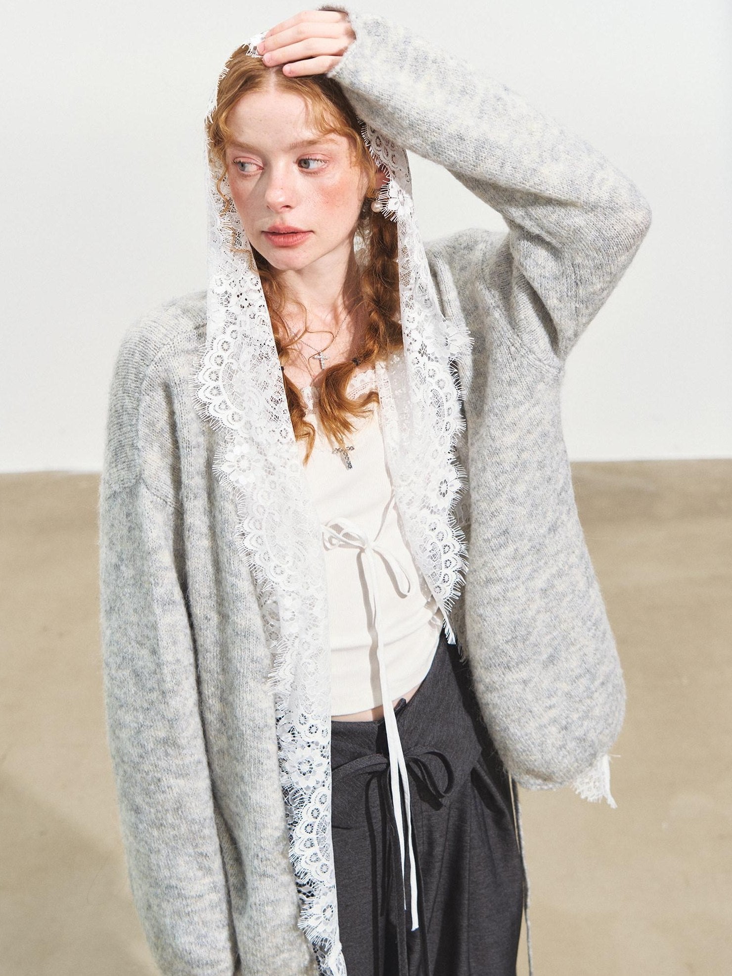 SOMESOWE Shape Retaining Sexy Lace Hooded Loose Polo Collar Women White Button Blouses