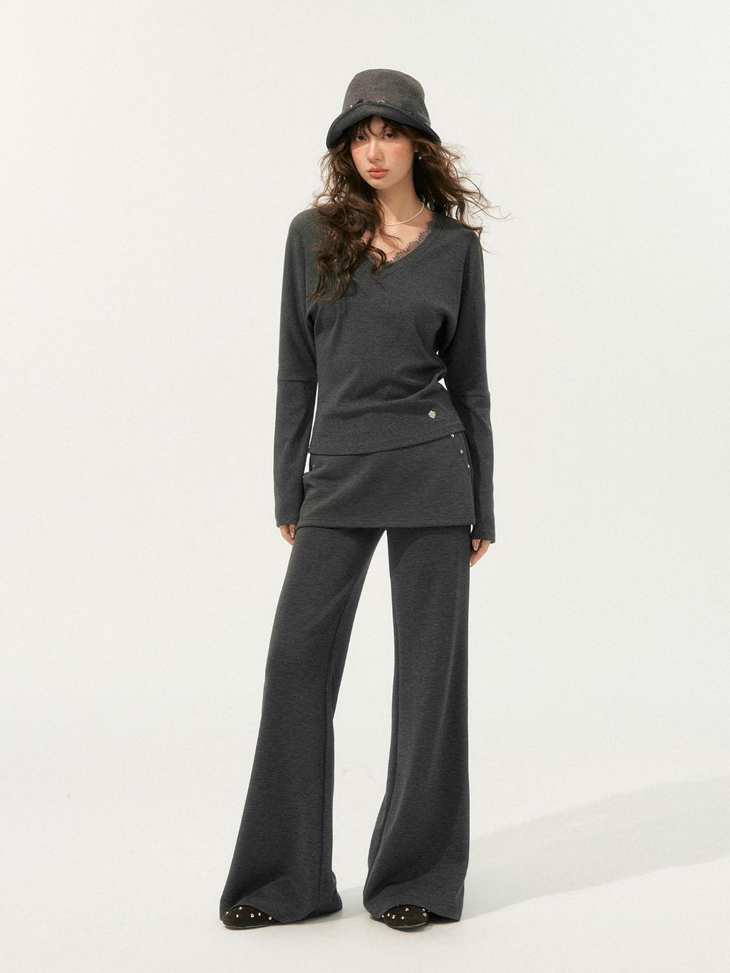 SOMESOWE Cozy Knit V-neck Cropped Batwing Top Loose Straight Pants Top & Pants Sets