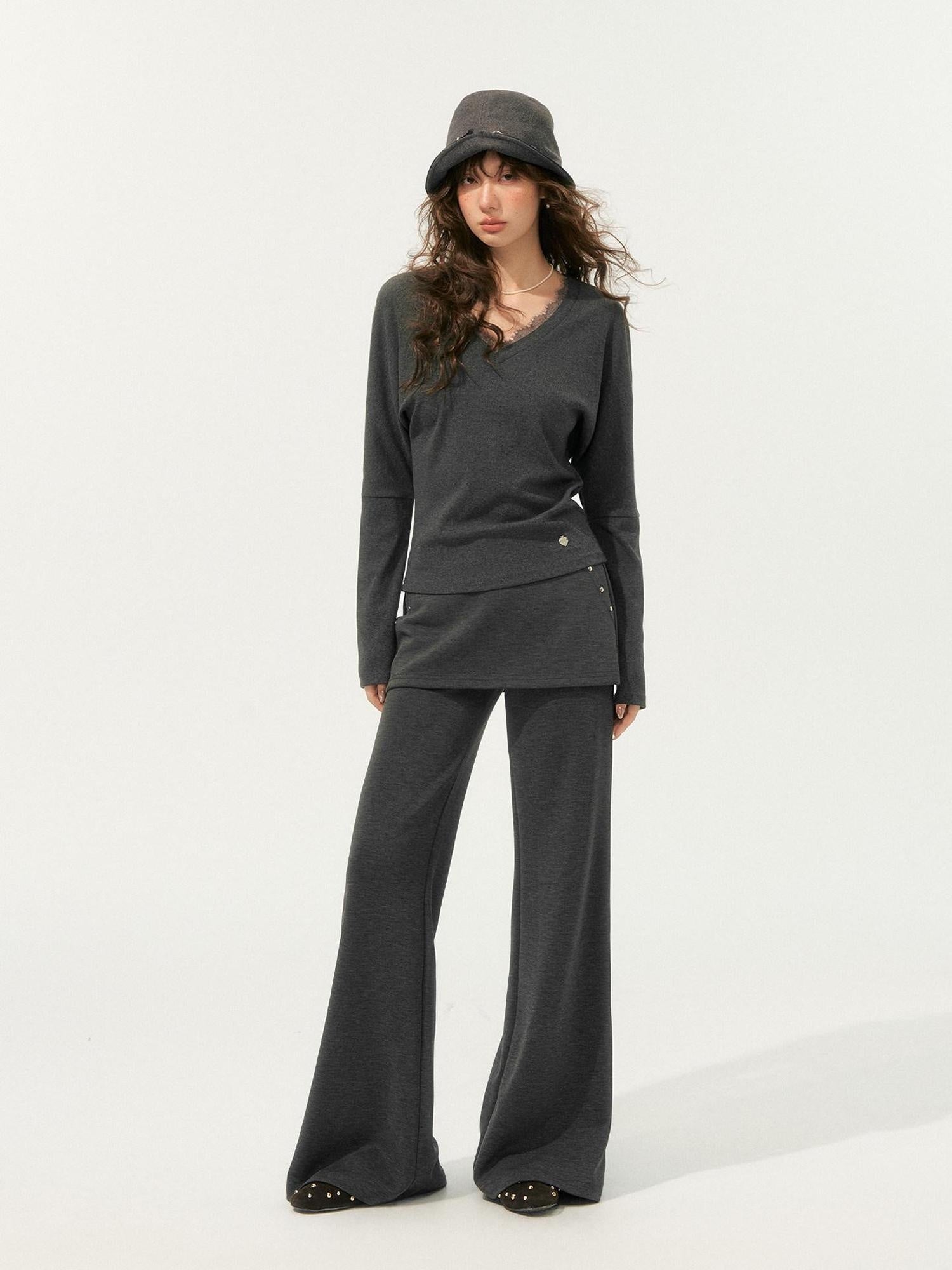 SOMESOWE Cozy Knit V-neck Cropped Batwing Top Loose Straight Pants Top & Pants Sets