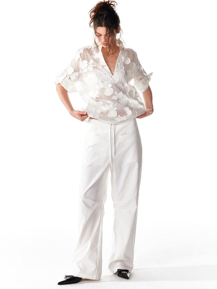 ALINNVSTUDIO Original Design Loose V-neck Short Sleeve Button Front Women Solid White Blouses