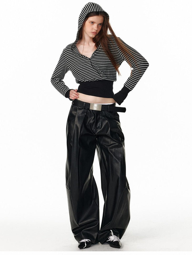 ALINNVSTUDIO Pu Leather Utility Natural Waist Curved Seam Black Women Wide Leg Pants