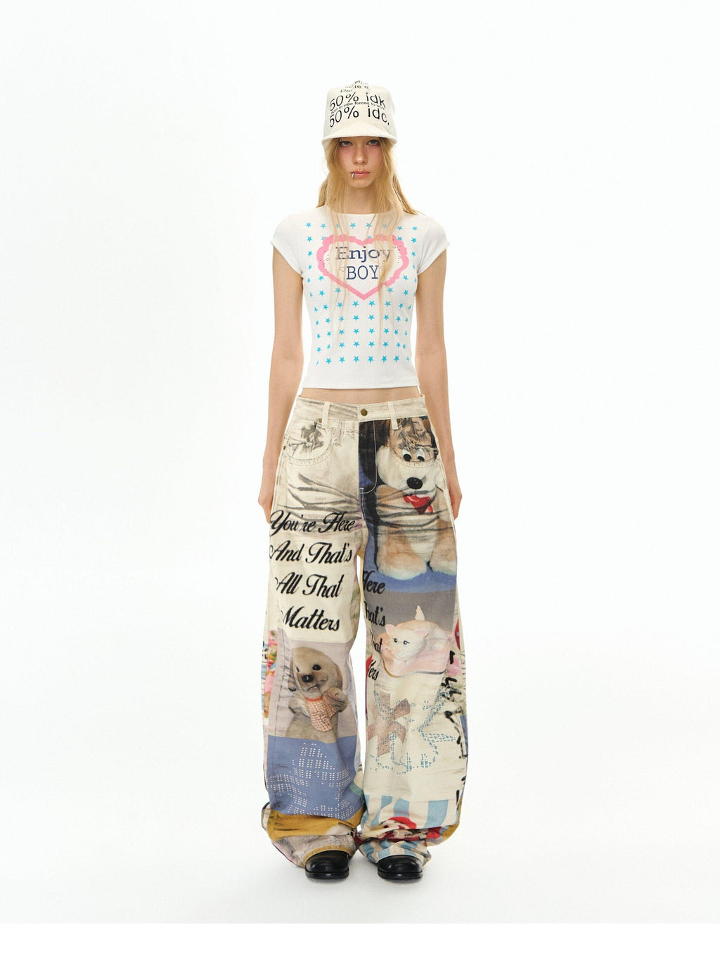 DeleteEx Cute Printed Slim Fit Round Neck Flutter Sleeve Cropped Ivory Basic Crop Tops
