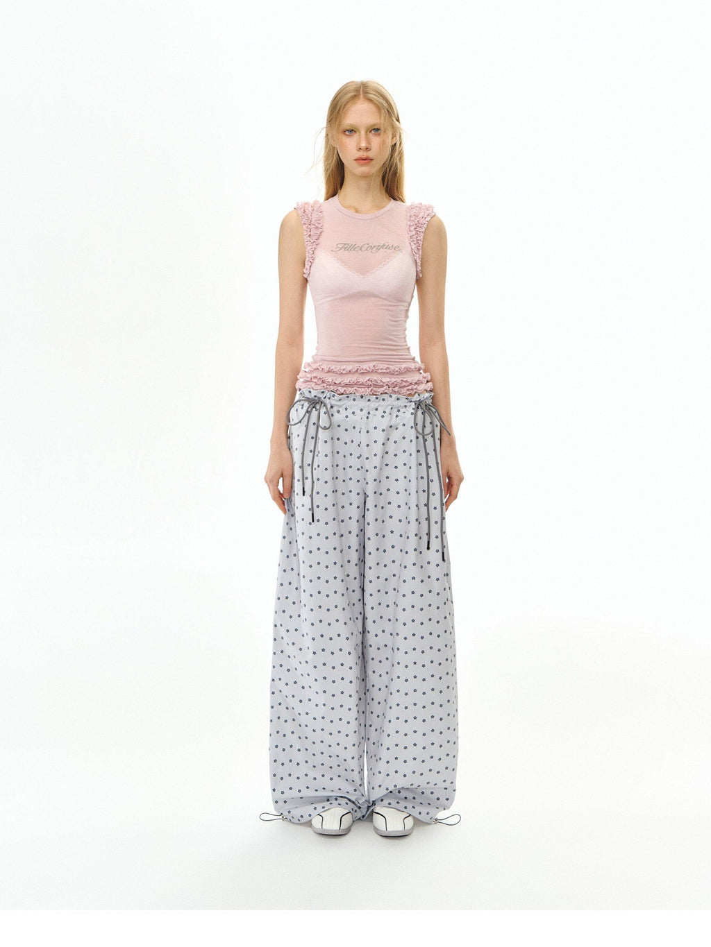 DeleteEx Soft 100 Percent Polyester Silver Gray Print Flowy Casual Wide Leg Pants