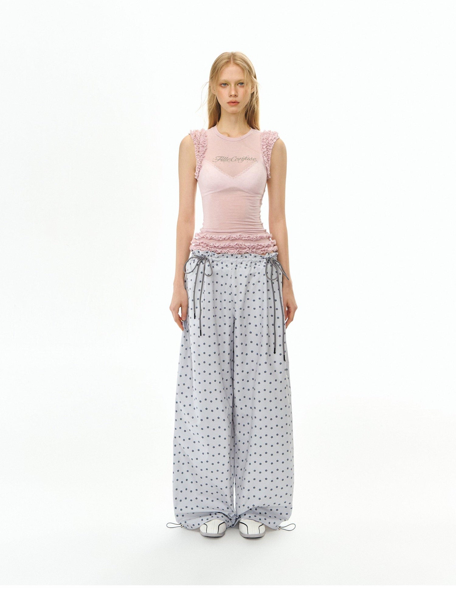 DeleteEx Soft 100 Percent Polyester Silver Gray Print Flowy Casual Wide Leg Pants
