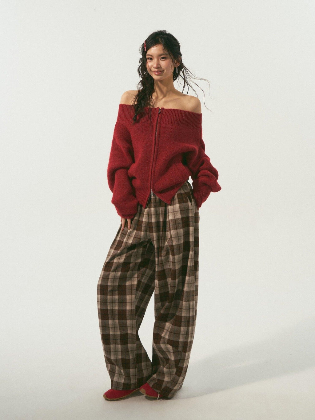 SOMESOWE Volcanic Red Knit Zipper One Shoulder Casual Regular Fit Women Daily Cardigans