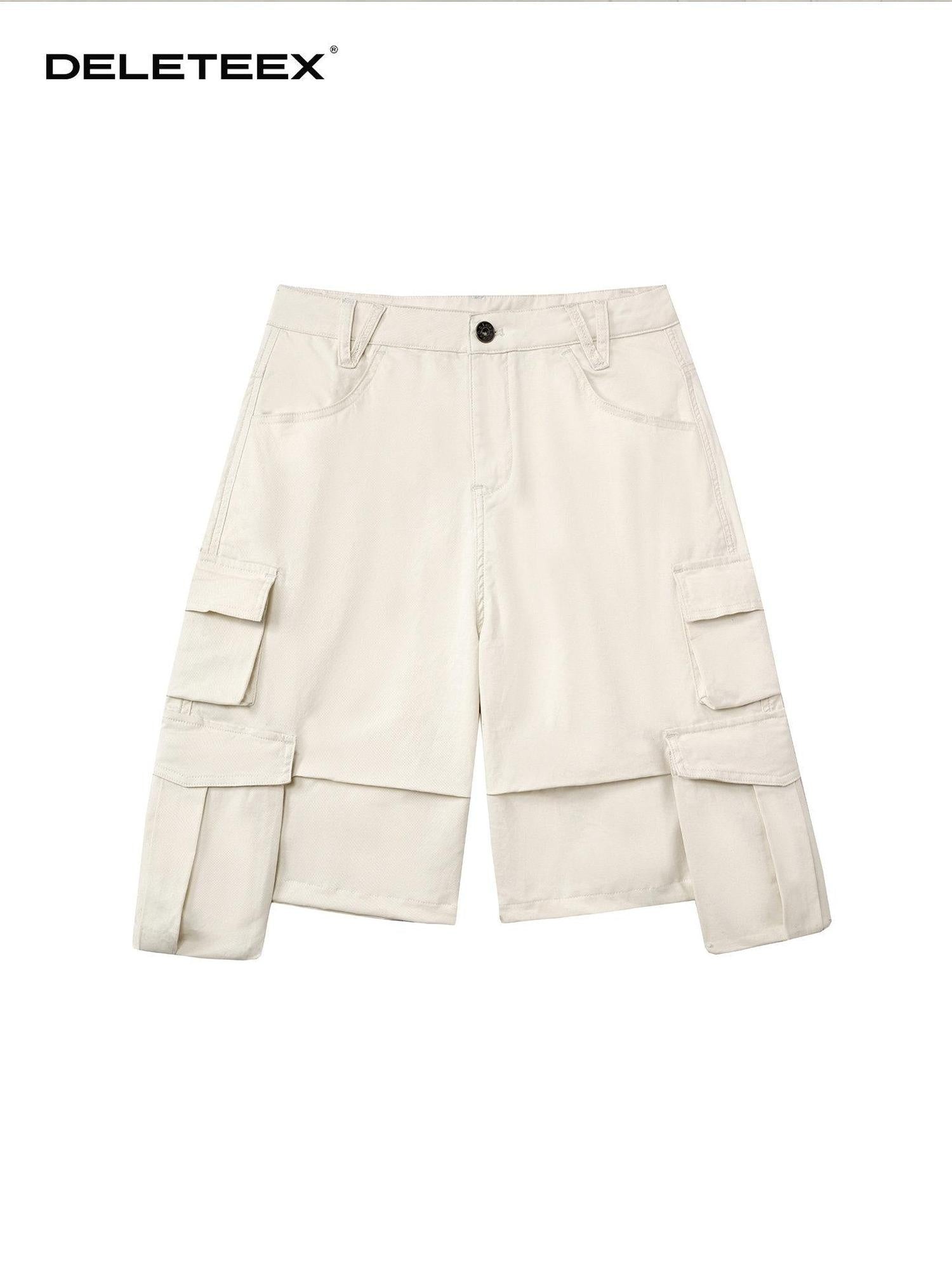DeleteEx Button Fly Natural Waist Multi Pocket Casual Women Beige Black Mid-Length Shorts