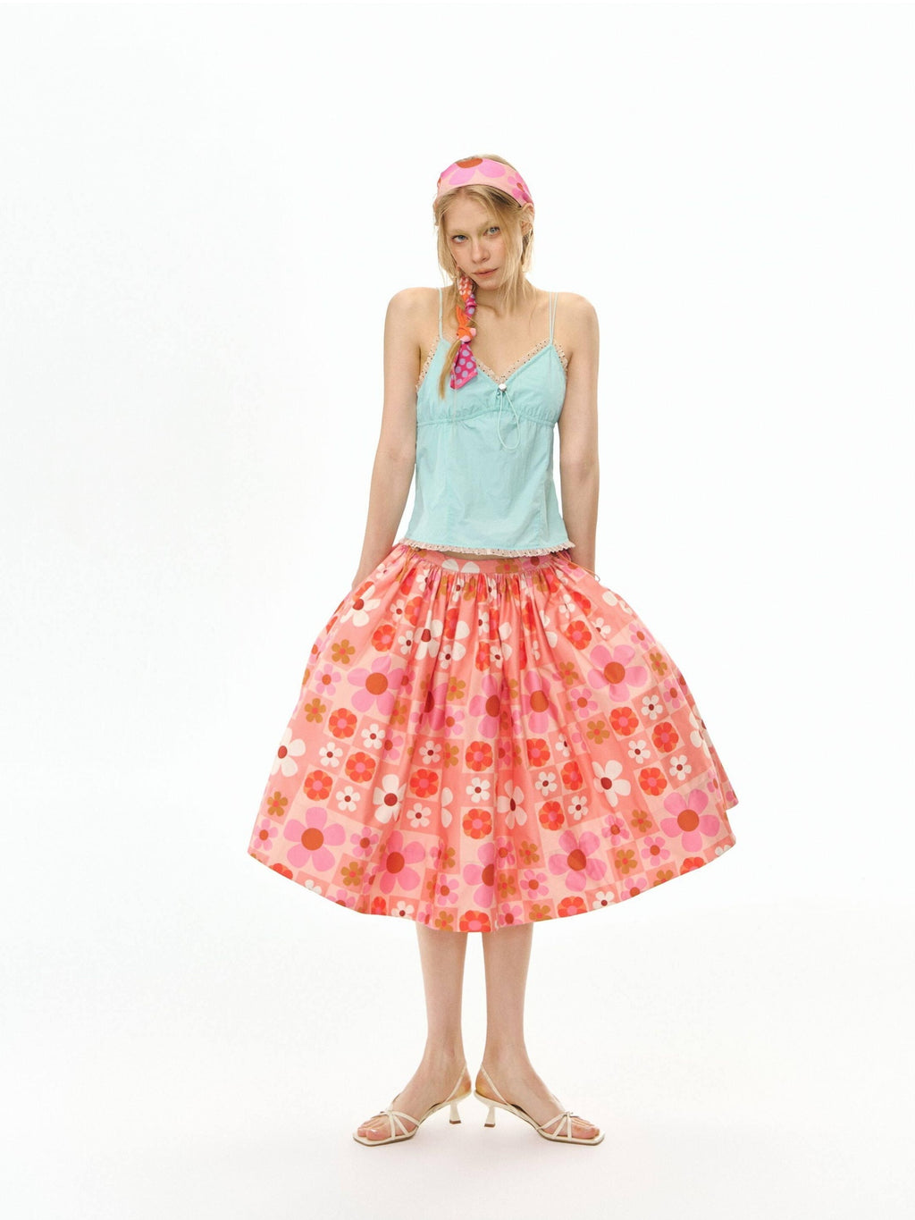 DeleteEx Flattering High Waist A Line Orange Red Floral Polyester Women Midi Skirts